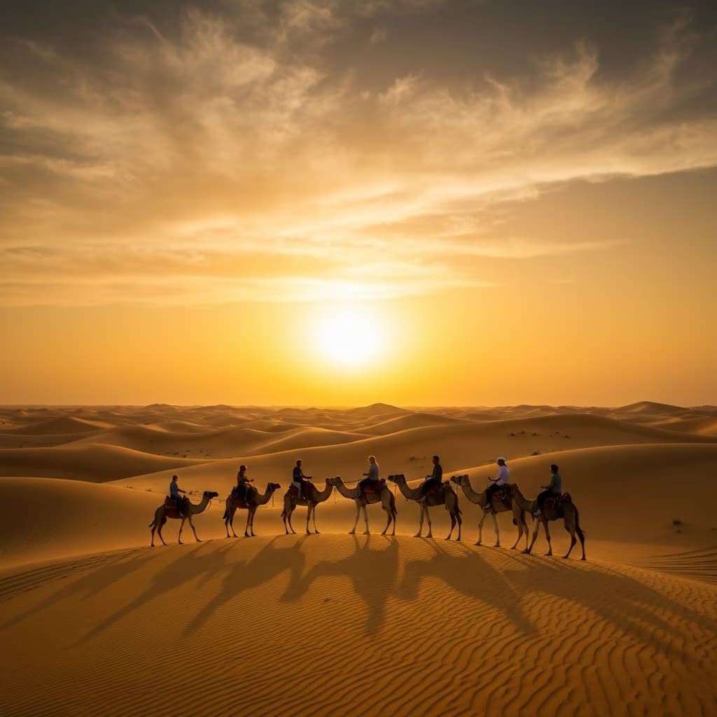 Desert safari camel ride at sunset Dubai