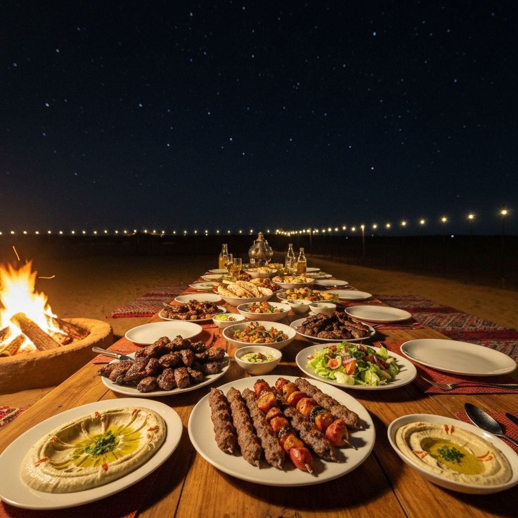 Traditional Arabian BBQ dinner at desert safari camp Dubai
