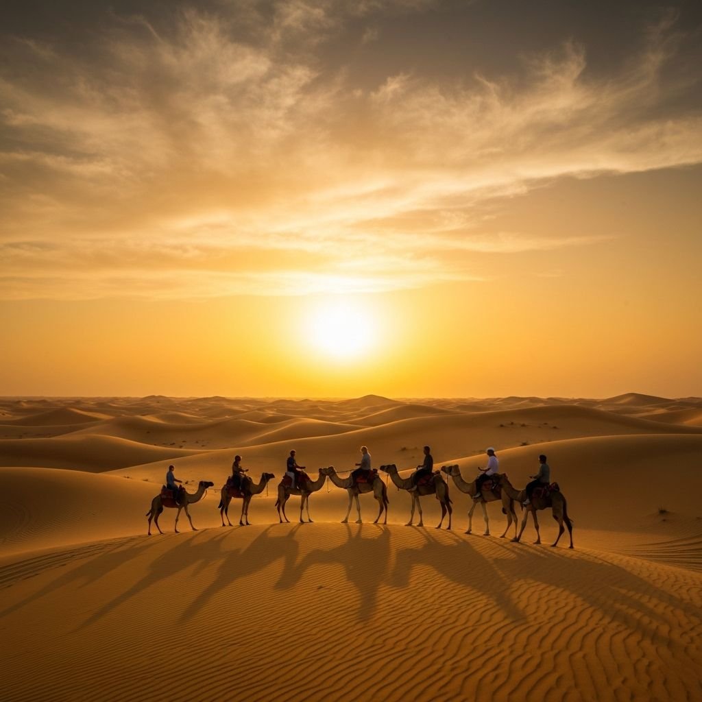 Desert safari camel ride at sunset Dubai