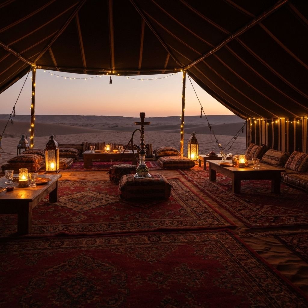 Luxury Bedouin camp interior best desert safari Dubai